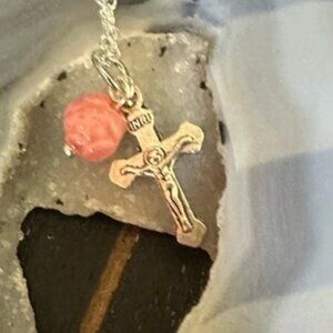 Alquimia Silver and Pink coral Cross Necklace
